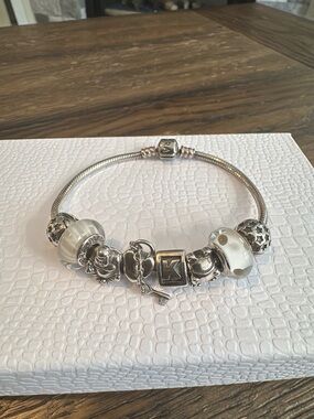Pandora Silver Charm Bracelet with White Murano Beads